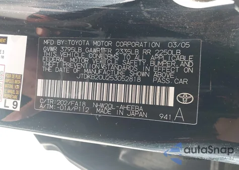 2005 Toyota Prius z USA, uszkodzony, nr VIN JTDKB20U253052818